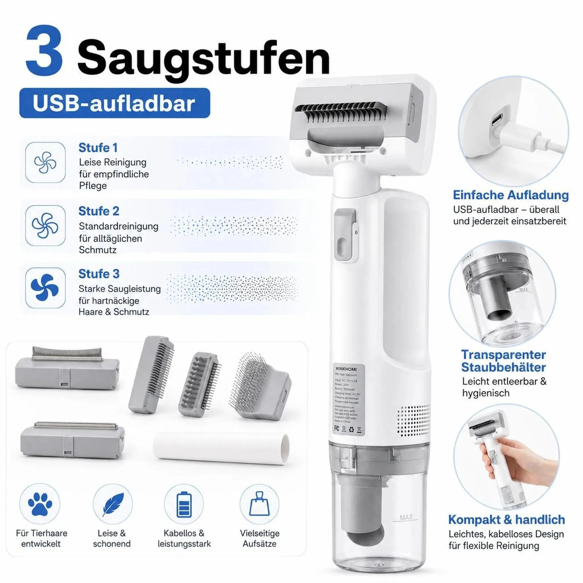 WINKHOMI 5-in-1 Akku-Tierhaarstaubsauger – 70 W, 3 Saugstufen