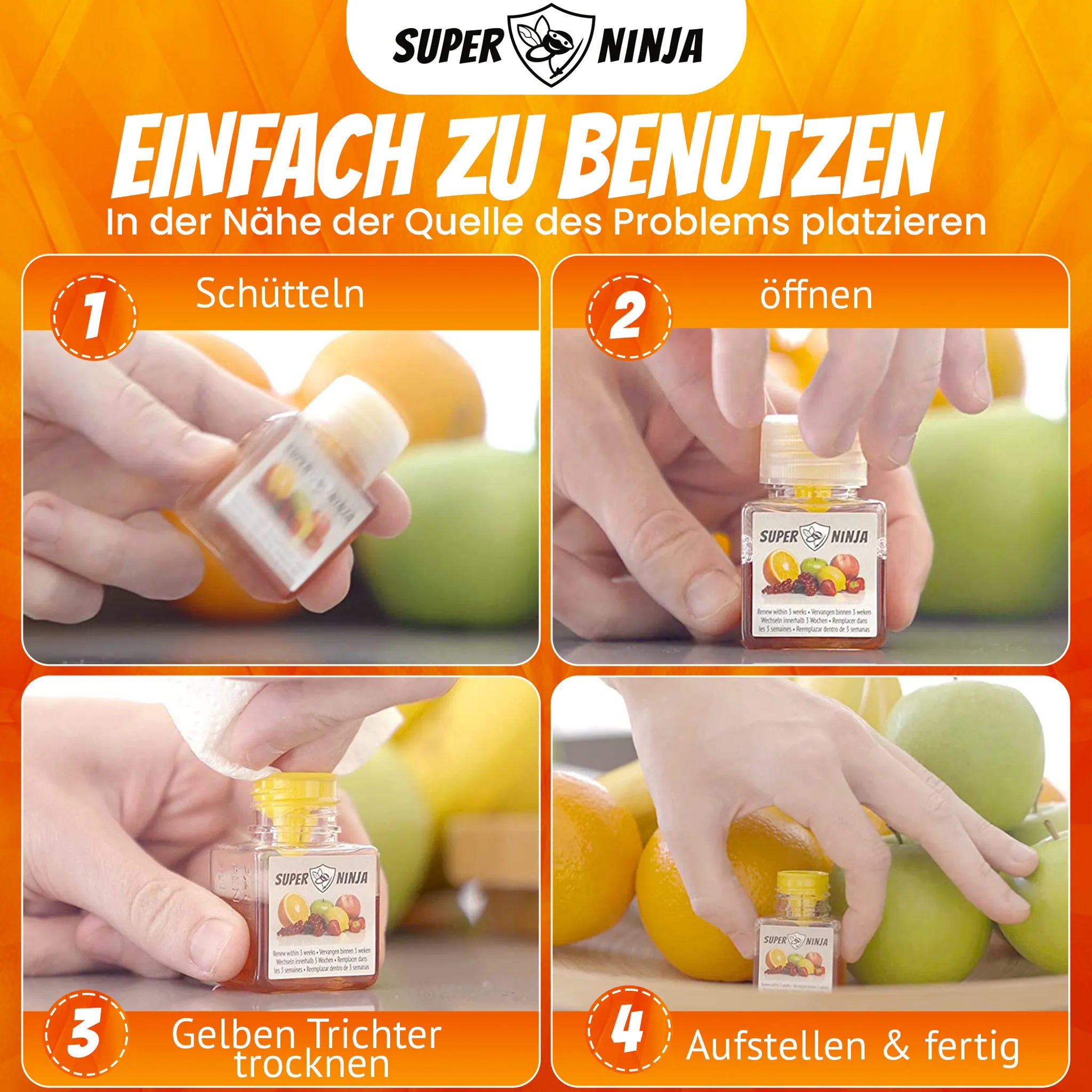 Super Ninja Fruchtfliegenfalle 4er-Pack – bis zu 3 Wochen Wirkung