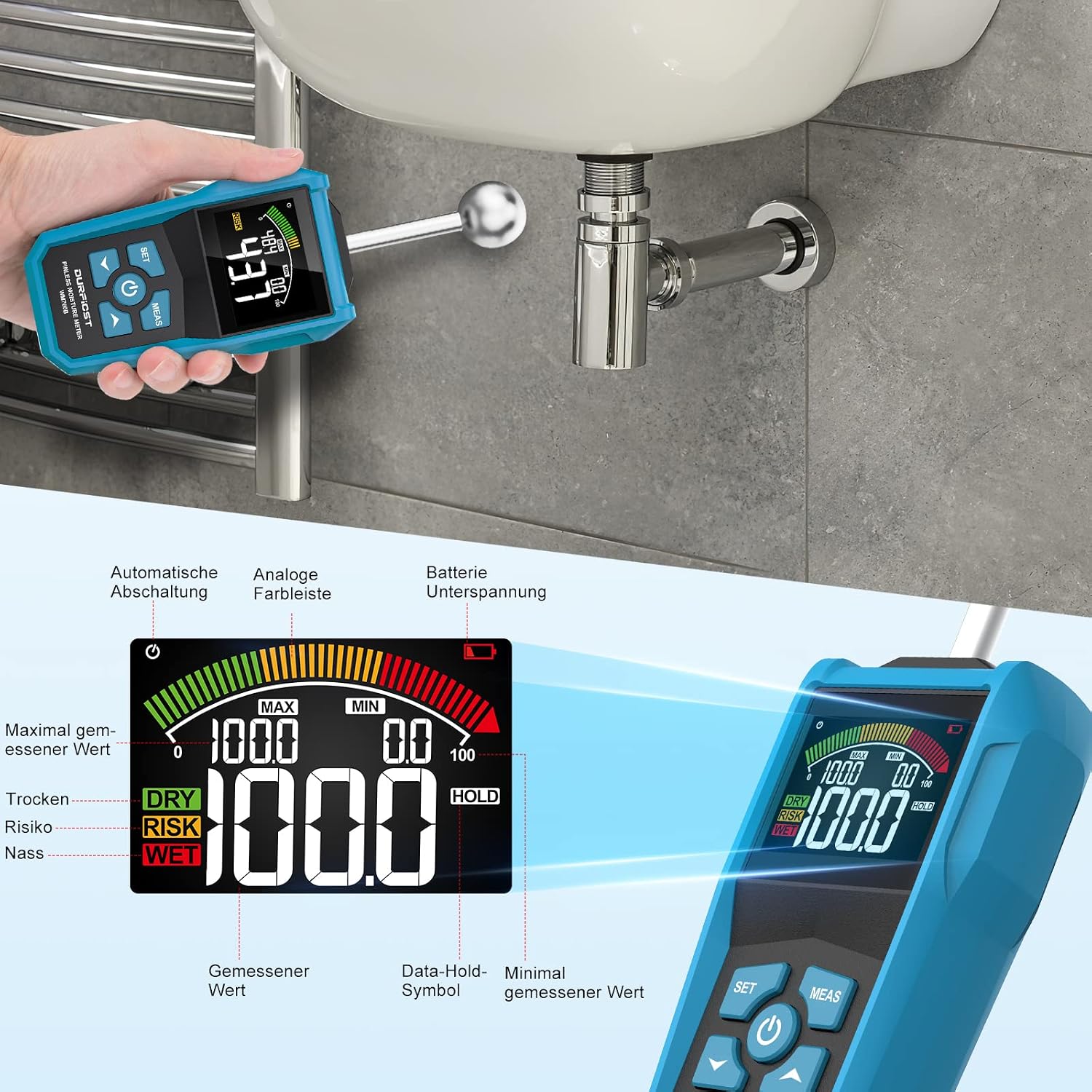 DURFICST WM700B Feuchtigkeitsmessgerät – stiftlos, 20–40 mm Messtiefe