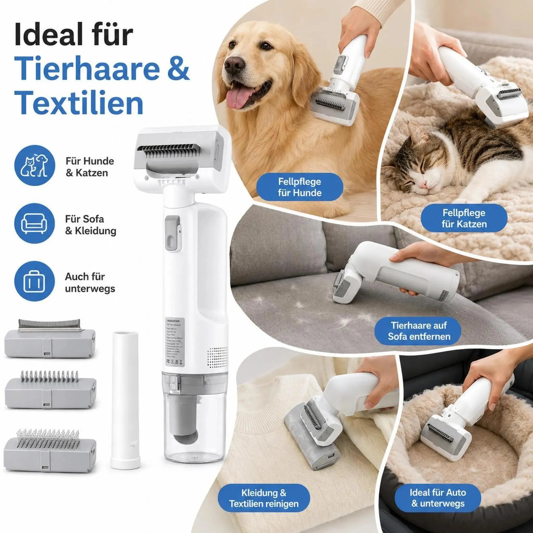 WINKHOMI 5-in-1 Akku-Tierhaarstaubsauger – 70 W, 3 Saugstufen