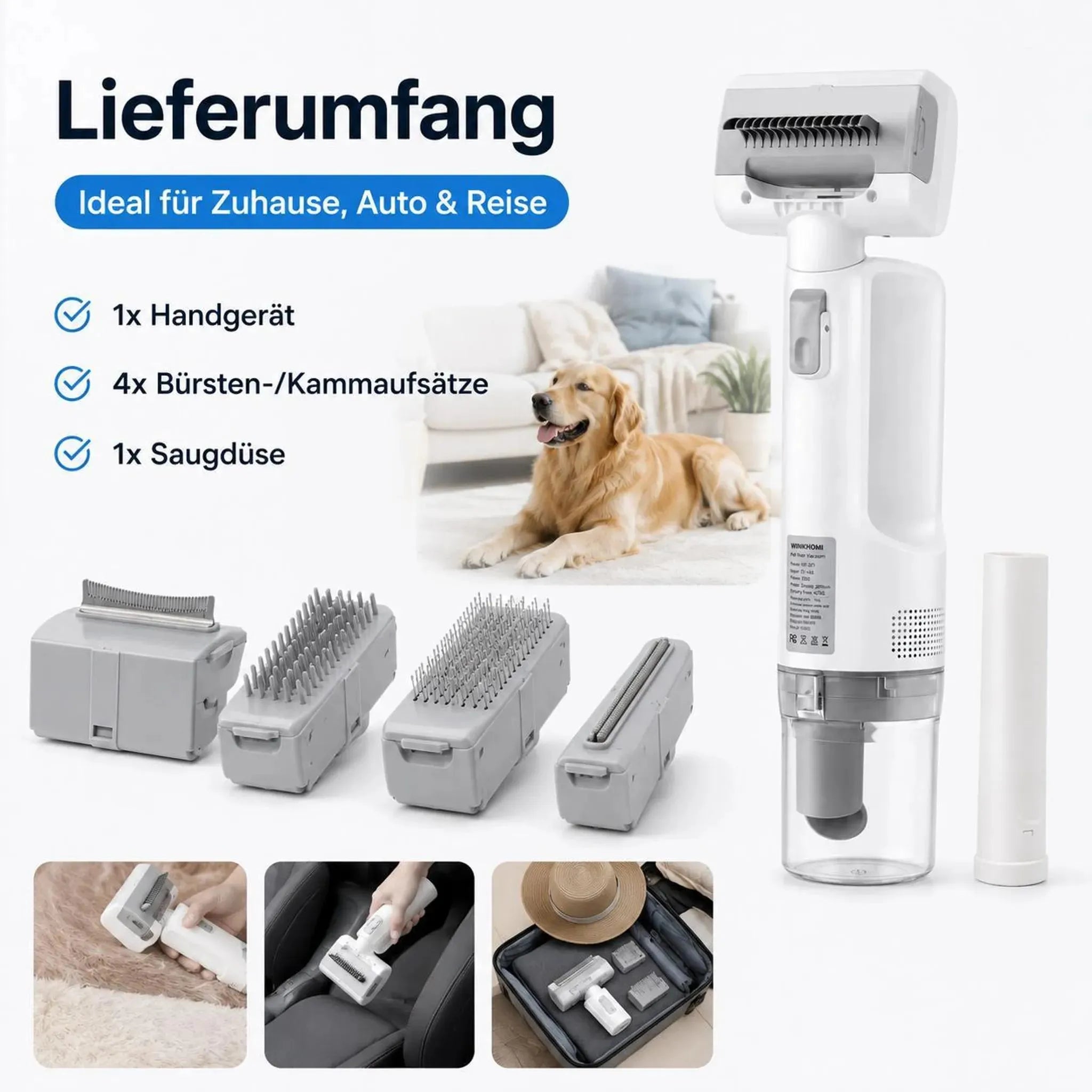WINKHOMI 5-in-1 Akku-Tierhaarstaubsauger – 70 W, 3 Saugstufen