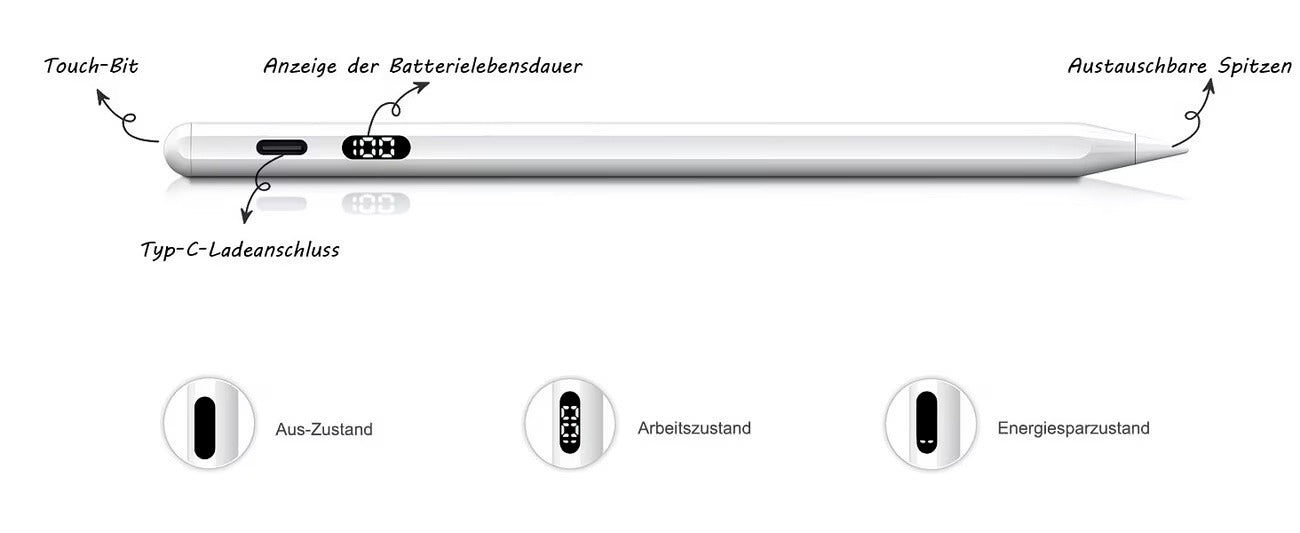Akkustand und USB-C direkt am Stift