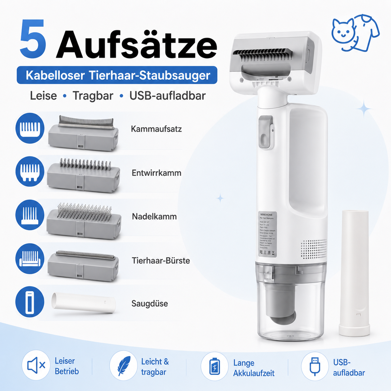 Fünf Aufsätze des WINKHOMI Tierhaar-Staubsaugers