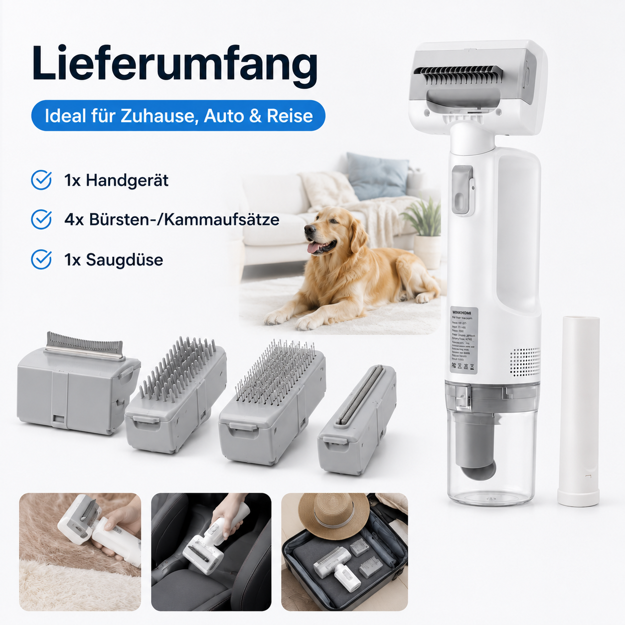Lieferumfang des kabellosen Tierhaar-Staubsaugers